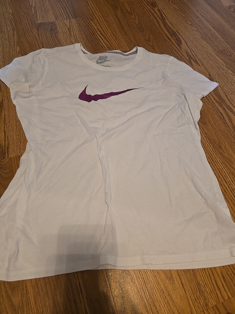 Nike White Short Sleeve Tee with Purple Swoosh Logo Slim Fit